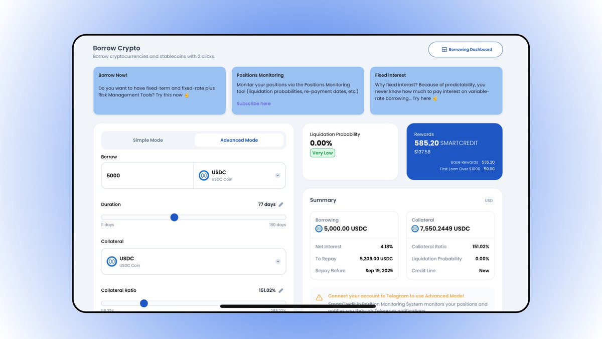 Borrowing on SmartCredit.io isn’t just safer, it’s smarter.

⚖️ Loans start with just 5% liquidation probability
🔔 You get Telegram alerts at 15%
🧠 You decide: repay, top up, or hold

No blind risks. No surprise liquidations.
DeFi done right 💯.