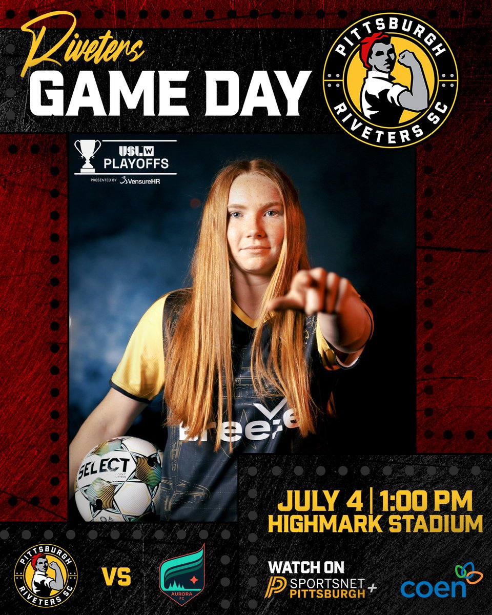 It's Playoff Time‼️

🆚 <a href="/MNAuroraFC/">Minnesota Aurora FC</a>
⏰ 1 pm
📍 @HighmarkStadium
📺 <a href="/SNPittsburgh/">SportsNet Pittsburgh</a>
🎟️ tr.ee/Wra1J9a6Gj

Broadcast presented by <a href="/84LumberNews/">84 Lumber Company</a>
Match presented by <a href="/CoenMarkets/">Coen Markets</a>

#PITvMIN #RivetersRise