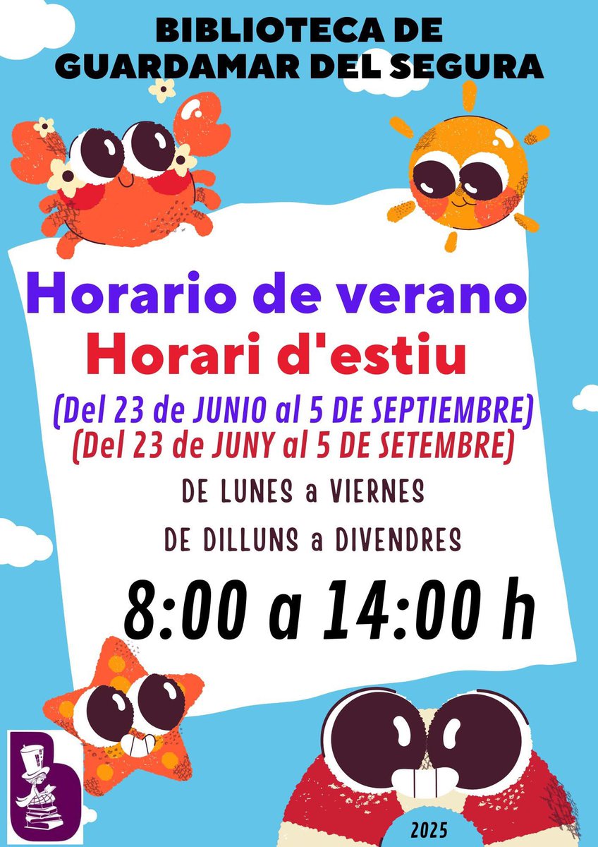 Guardamar_'s tweet image. Horario de la biblioteca de Guardamar para estos meses.