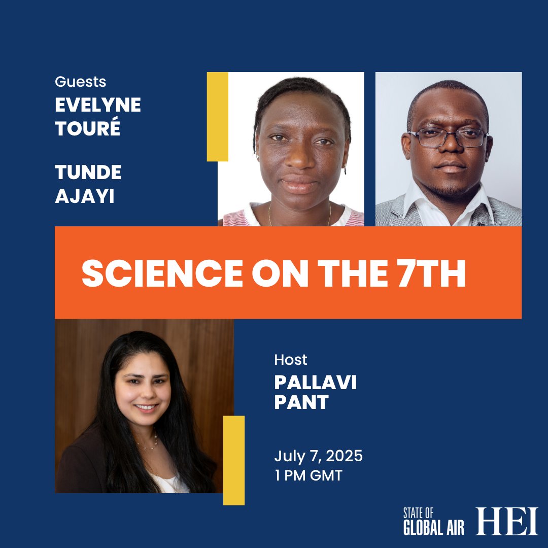HEIresearch's tweet image. Join us on Monday for #ScienceOnThe7th!

We&apos;ll meet with guests Evelyne Touré &amp;amp; @thetundeajayi to discuss air pollution solutions in Africa, just ahead of the CLEAN-Air Forum in Nairobi.

📅 Monday, July 7
⌚ 9AM EDT/ 1PM GMT
🔗 tinyurl.com/57aeuveh