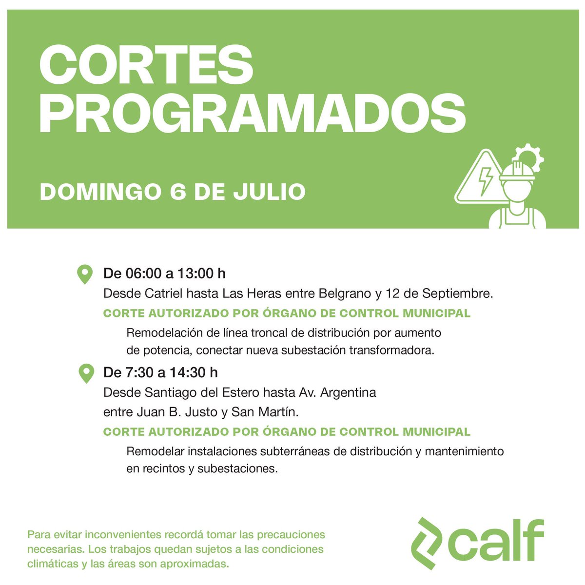Calf informa los cortes programados para este fin de semana. 

#Calf #Neuquen