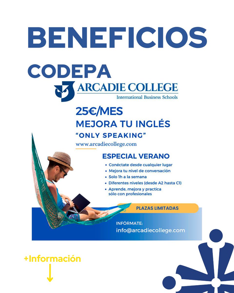 CURSOS DE VERANO ARCADIE COLLEGE.

Iniciados los cursos de verano para el mes de julio y agosto 2025 con precios exclusivos para colegiadas/os