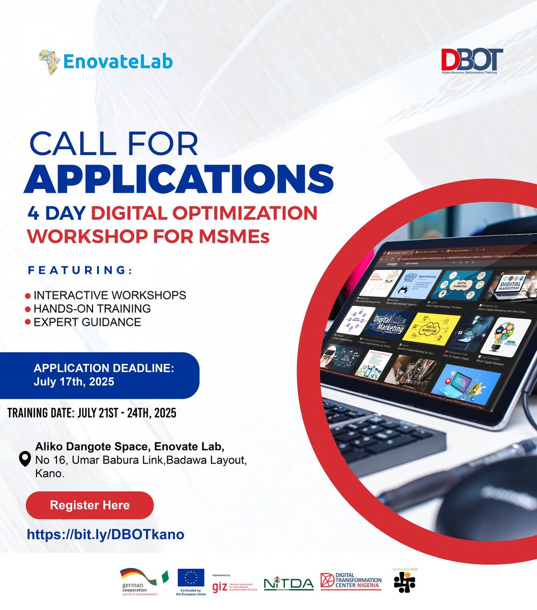 Enovate Lab (@enovatelab) on Twitter photo The Best Training For Small Business Owners in Kano is here!
Enovate Lab invites you to join the Digital Business Optimisation Training (DBOT) powered by <a href="/giz_gmbh/">GIZ</a>, <a href="/europeanunion/">European Union</a>, <a href="/NITDANigeria/">NITDA Nigeria</a> & DTC Nigeria!
Topics You’ll Learn Include:
✅ Social Media Marketing The Best Training For Small Business Owners in Kano is here!
Enovate Lab invites you to join the Digital Business Optimisation Training (DBOT) powered by <a href="/giz_gmbh/">GIZ</a>, <a href="/europeanunion/">European Union</a>, <a href="/NITDANigeria/">NITDA Nigeria</a> & DTC Nigeria!
Topics You’ll Learn Include:
✅ Social Media Marketing