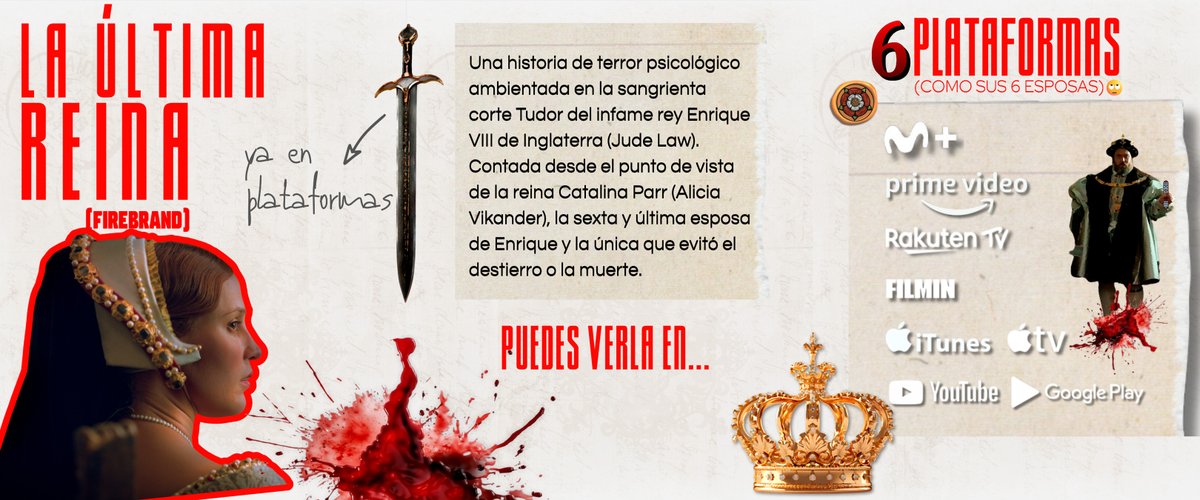 Vertice360's tweet image. ¡Por orden real, el drama está servido en estas plataformas! 🔪🩸

@MovistarPlus | @PrimeVideoES | @RakutenTV_ES | @Filmin | #iTunes / @AppleTV | #Youtube / #googleplaystore

La corte Tudor es un reino de traiciones, sangre y lucha por a Enrique VIII. Descubre cómo Catalina Parr