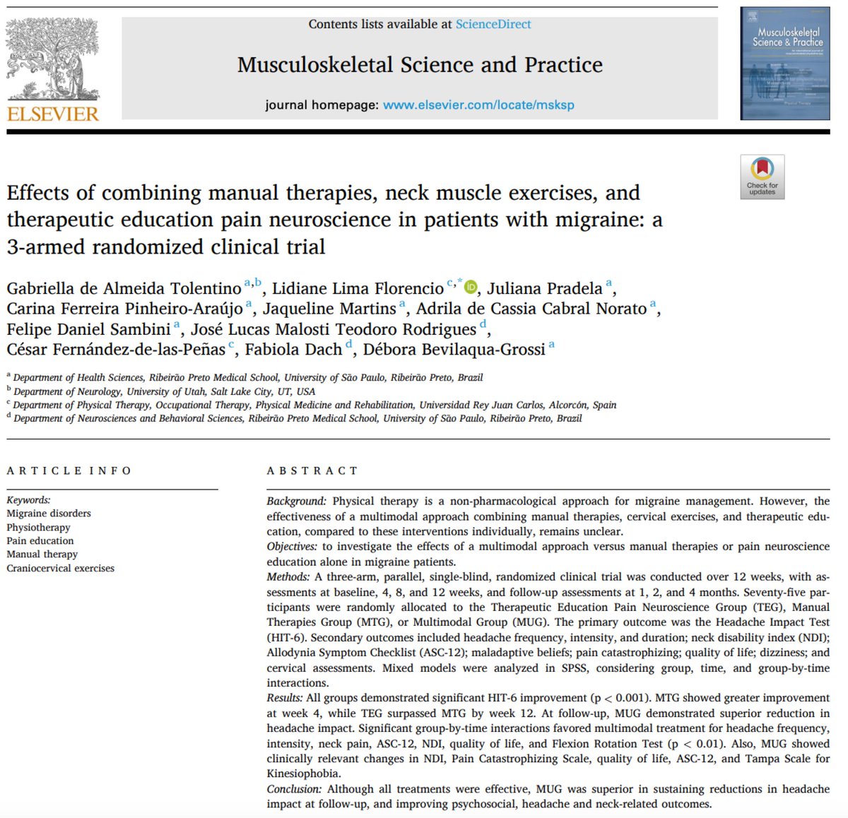 MSKPhysioJournal (@mskphysiojnl) on Twitter photo 💡 Combining manual therapy, neck exercises, and pain neuroscience education may offer added benefits for migraine management. buff.ly/Kzn97Z6  This 3-arm RCT showed that the multimodal approach improved headache impact and related outcomes over time. 💡 Combining manual therapy, neck exercises, and pain neuroscience education may offer added benefits for migraine management. buff.ly/Kzn97Z6  This 3-arm RCT showed that the multimodal approach improved headache impact and related outcomes over time.