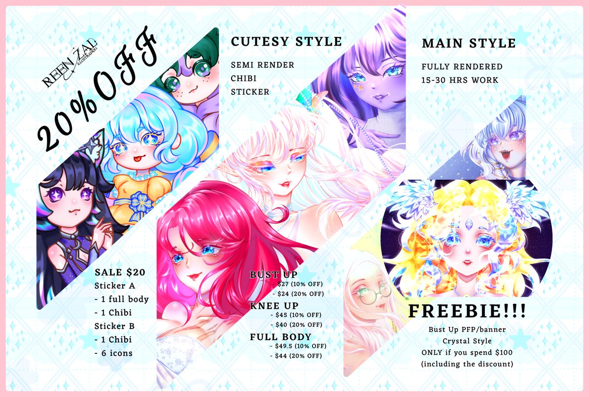 ReenZal's tweet image. ⭐𝐂𝐎𝐌𝐌𝐈𝐒𝐒𝐈𝐎𝐍 𝐎𝐏𝐄𝐍 (𝟐𝟎% 𝐚𝐧𝐝 𝟏𝟎% 𝐎𝐅𝐅)⭐
- 20% OFF for old Client!
- 10% OFF for new Client!
- OPEN UNTIL JULY 31
Really appreciated if RT's
#art #artmoots #ArtistOnTwitter #commissionsopen #ArtCommission #VGenComm #VGenCode #Vtubers