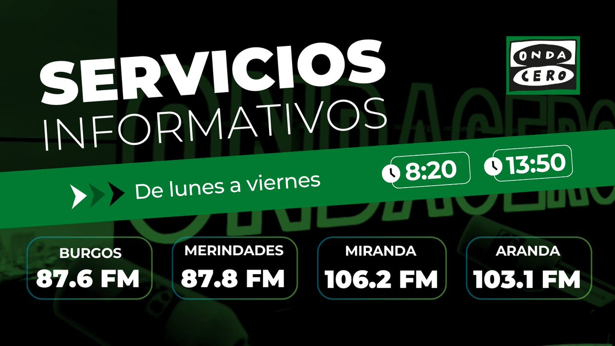 📰 ¡Mantente informado con Onda Cero!
📅 De lunes a viernes, no te pierdas los boletines informativos a las 8:20 y 13:50.

📻 Sintonízanos en:
🔹 Burgos: 87.6 FM
🔹 Merindades: 87.8 FM
🔹 Miranda: 106.2 FM
🔹 Aranda: 103.1 FM

🔴 Escucha el directo aquí: f.mtr.cool/dufgbkoepl