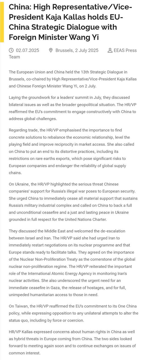 外交部 Ministry of Foreign Affairs, ROC (Taiwan) 🇹🇼 (@mofa_taiwan) on Twitter photo At the #EU🇪🇺-#China Strategic Dialogue, <a href="/EU_Commission/">European Commission</a> VP <a href="/kajakallas/">Kaja Kallas</a> reaffirmed that the EU opposes any use of force or coercion to change the status quo in the #TaiwanStrait. #Taiwan🇹🇼 welcomes this clear stance on peace, stability & the rules-based international order. At the #EU🇪🇺-#China Strategic Dialogue, <a href="/EU_Commission/">European Commission</a> VP <a href="/kajakallas/">Kaja Kallas</a> reaffirmed that the EU opposes any use of force or coercion to change the status quo in the #TaiwanStrait. #Taiwan🇹🇼 welcomes this clear stance on peace, stability & the rules-based international order.