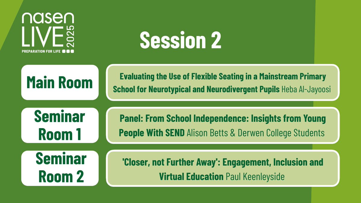 Coming up now at #nasenLIVE:

🪑 Flexible seating for all learners with Heba Al-Jayoosi
🎤 Youth panel on independence in Seminar Room 2
💻 Engagement, Inclusion and Virtual Education with Paul Keenleyside

Powerful, practical sessions for inclusive practice!