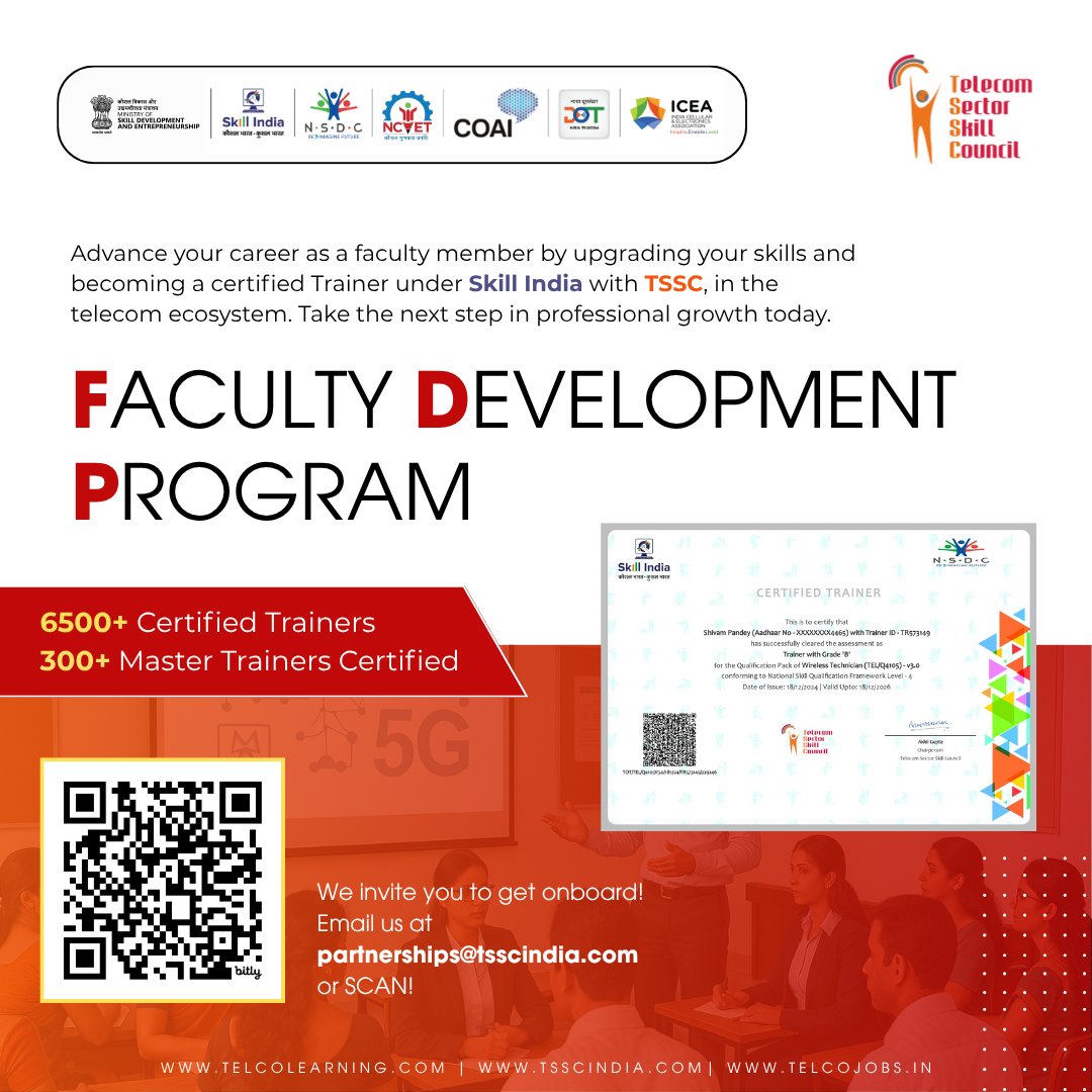 Telecom Sector Skill Council (@tsscindia) on Twitter photo Faculty, take the next step in your teaching journey!
Join TSSC’s Faculty Development Program and get certified under <a href="/MSDESkillIndia/">Skill India</a>
🌐 tsscindia.com | partnerships@tsscindia.com
#SkillIndia #TSSC #FacultyDevelopment #TelecomSkills Faculty, take the next step in your teaching journey!
Join TSSC’s Faculty Development Program and get certified under <a href="/MSDESkillIndia/">Skill India</a>
🌐 tsscindia.com | partnerships@tsscindia.com
#SkillIndia #TSSC #FacultyDevelopment #TelecomSkills