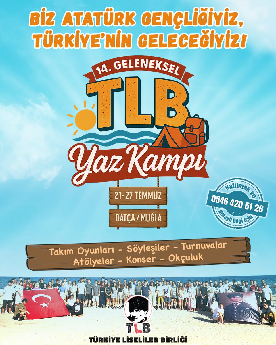 YKS bitti, LGS bitti. Şimdi ne olacak?
TLB seni boşluk hissinden kurtulmaya çağırıyor!
Atatürk gençliği bu kampta buluşuyor.

Haydi sen de katıl! Beraber eğlenelim, beraber öğrenelim🤩

🏐 Spor turnuvası
🧠 Bilgi yarışması
🎤 Söyleşiler
🎸 Konserler
🌊 Deniz kenarında çadır kampı