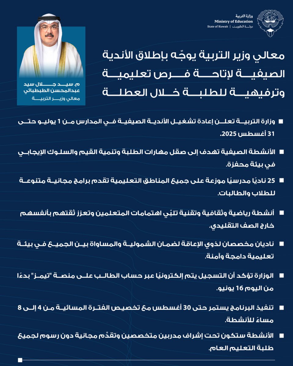 بادرة طيبة من الوزارة لإشغال أبناءنا بما هو مفيد في الاجازة ، لكن المؤسف في الموضوع ان الجميع التزم بالطريقة التي وضعتها الوزارة بان يكون التسجيل عن طريق موقع الوزارة و لما حضرنا بالموعد 1 / 7 تفاجئنا بالتسجيل اليدوي في صالة السباحة والى اليوم 5 / 7 لم يبدأ النادي الصيفي .