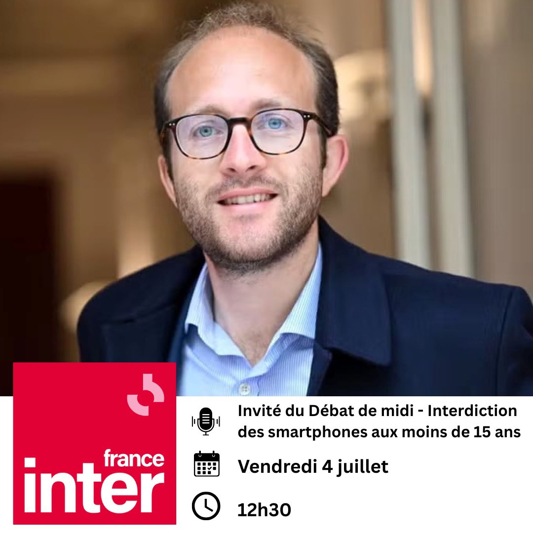 Jérémie Patrier-Leitus (@jpatrierleitus) on Twitter photo 🎙️Rendez-vous sur <a href="/franceinter/">France Inter</a> dans le Débat du midi pour évoquer notre proposition de loi d’interdire les smartphones aux moins de 15 ans.
🚨Tous les rapports et experts alertent sur l’addiction aux écrans et la santé mentale de nos jeunes.
❗️Il y a urgence à agir! 🎙️Rendez-vous sur <a href="/franceinter/">France Inter</a> dans le Débat du midi pour évoquer notre proposition de loi d’interdire les smartphones aux moins de 15 ans.
🚨Tous les rapports et experts alertent sur l’addiction aux écrans et la santé mentale de nos jeunes.
❗️Il y a urgence à agir!