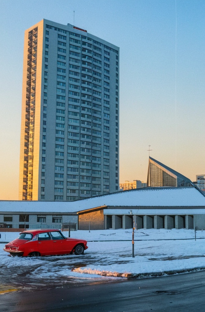 59 NORD Loos les OLIVEAUX La tour hlm Kennedy (façade est) peu après son édification 1969 qui sera dynamitée ce 20 juillet 2025, vue depuis la rue Albert-Châtelet. Au premier plan la DS rouge et l'église catholique de la Sainte-Trinité