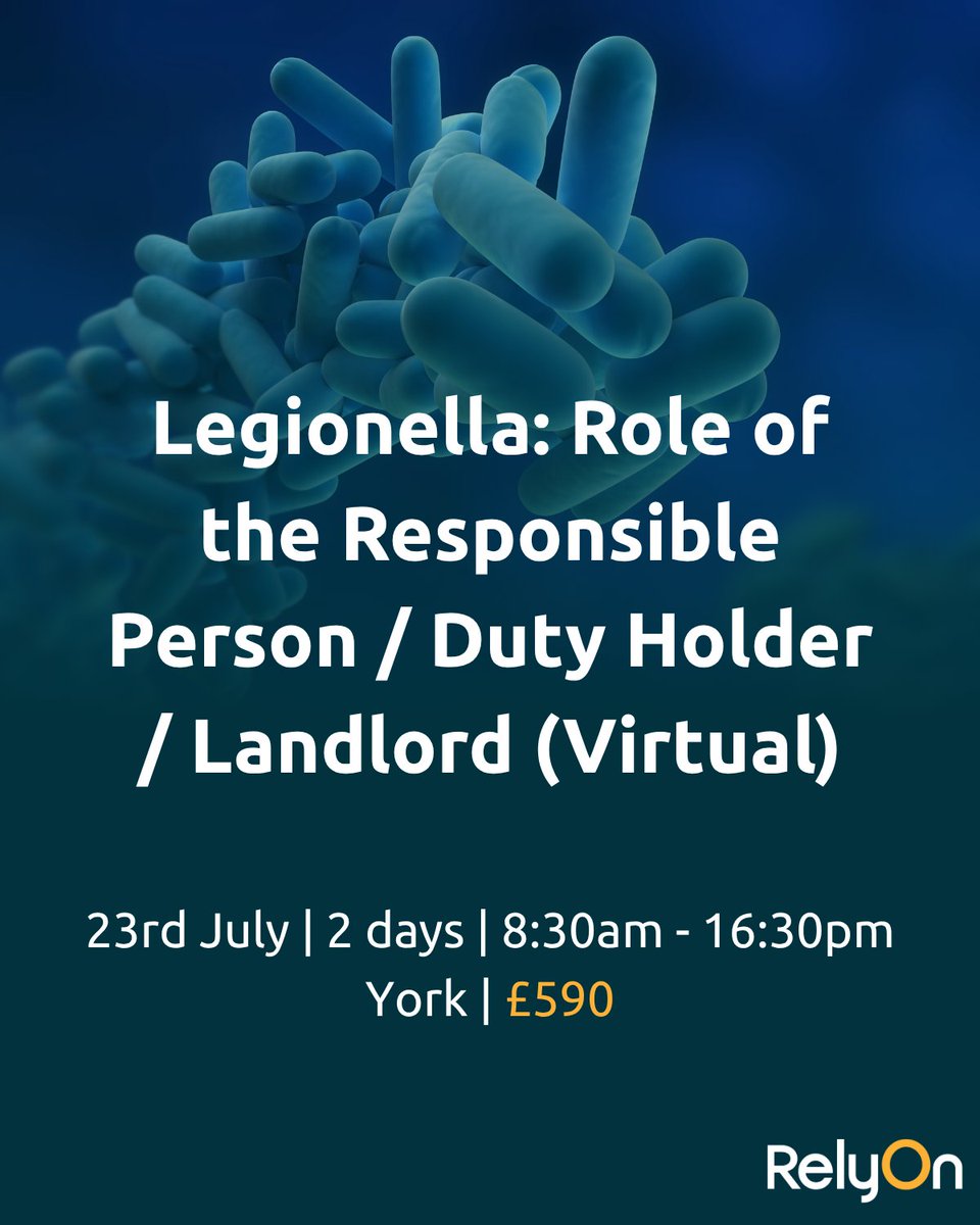 Legionella is the bacterium responsible for Legionnaires' Disease, and it's vital anyone involved in the control of water systems understand their responsibilities and has up to date knowledge.

Get booked on!

📞 0800 876 6708
📧 enquires.uk@relyon.com
🌐 bit.ly/3Ip2kzl