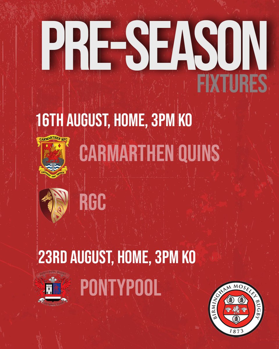 B'ham Moseley Rugby (@moseleyrugbyfc) on Twitter photo We start off with a triangular pre-season fixture as we welcome two welsh sides, <a href="/CarmQuinsRFC/">Carmarthen Quins RFC</a> & <a href="/RGCNews/">RGCnews🏉</a>
On 23rd August we then welcome <a href="/PontypoolRFC/">Pontypool RFC</a> back to the common.
Stay tuned for more info on these days as we have some exciting things in planning stages for our supporters We start off with a triangular pre-season fixture as we welcome two welsh sides, <a href="/CarmQuinsRFC/">Carmarthen Quins RFC</a> & <a href="/RGCNews/">RGCnews🏉</a>
On 23rd August we then welcome <a href="/PontypoolRFC/">Pontypool RFC</a> back to the common.
Stay tuned for more info on these days as we have some exciting things in planning stages for our supporters