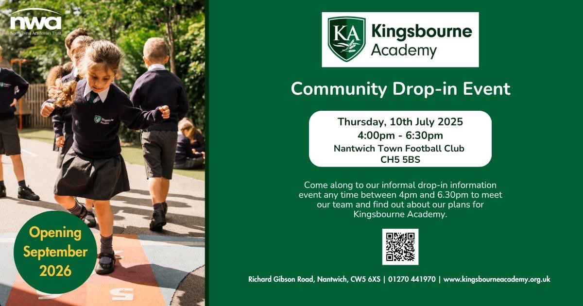 Join us at Nantwich Town FC on Thursday, 10th July for our first drop-in Information Event where you will be able to meet our team and find out more about our plans for our new school which opens next year.
kingsbourneacademy.org.uk/section-10-con…