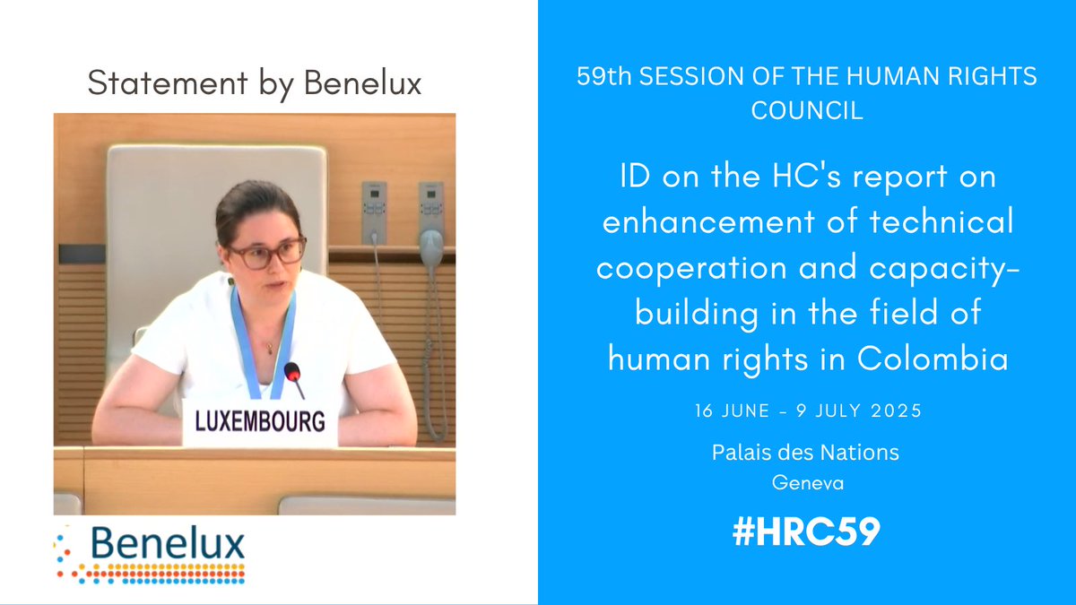At #HRC59 ID on #Colombia🇨🇴, the #Benelux🇧🇪🇳🇱🇱🇺 countries commend OHCHR support &amp; 🇨🇴 progress on Peace Agreement &amp; Truth Comm recs, but call for stronger action vs impunity, killings of HRDs incl. LGBTQI+, child recruitment &amp; violence vs Indigenous, Afro-Colombians &amp; campesinos.