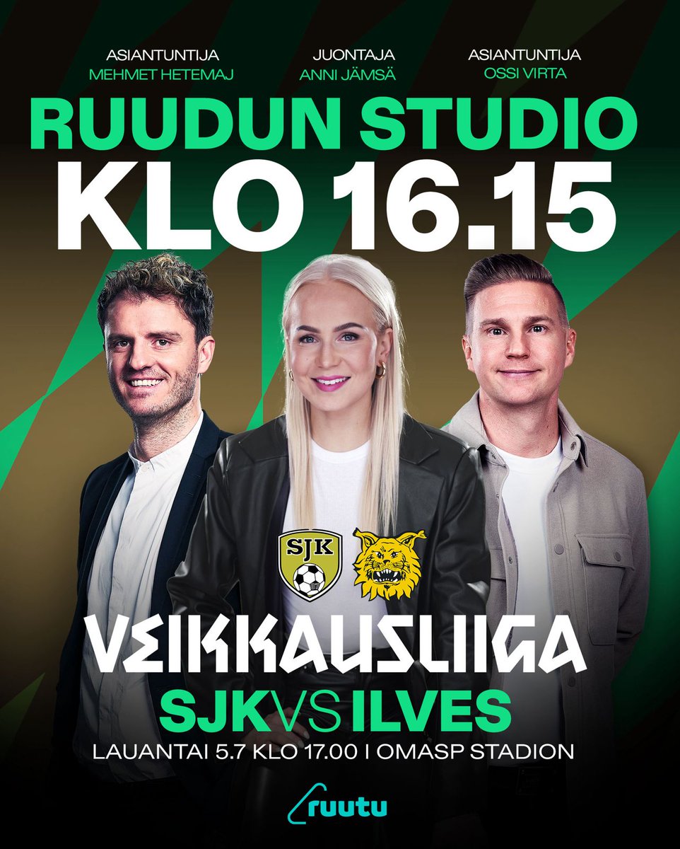 Seinäjoella luvassa tiukkaa vääntöä, kun SJK kohtaa Ilveksen 🔥

Studiolähetys käynnistyy klo 16.15 Anni Jämsän johdolla. Asiantuntijavieraina studiossa Mehmet Hetemaj ja Ossi Virta – ottelu potkaistaan käyntiin klo 17.00! ⚽

#veikkausliiga #tältätuntuu #studiolähetys