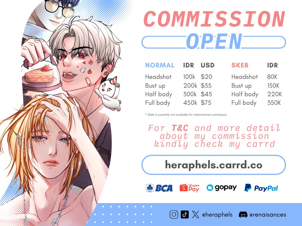 [RTs or like: kith 💋] 

✨OPEN COMMISSION✨
For local and international
Please DM me if you're interested ♡ 

More details: heraphels.carrd.co
Discord: renaisances

#ArtCommission