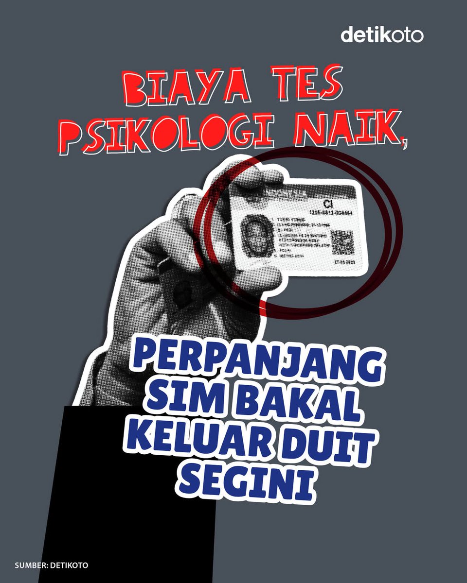 detikoto's tweet photo. Pengumuman buat yang mau perpanjang SIM 🔊⁣

Biaya tes psikologi SIM saat ini Rp 100 ribu! Buat kamu yang mau melakukan perpanjangan SIM, siap-siap bakal keluar duit segini!⁣

>> https://t.co/W3KNBsmA2r

#detikoto #updateinfo #perpanjangSIM #SIM #biayaperpanjangSIM https://t.co/ZkQSapM8MT