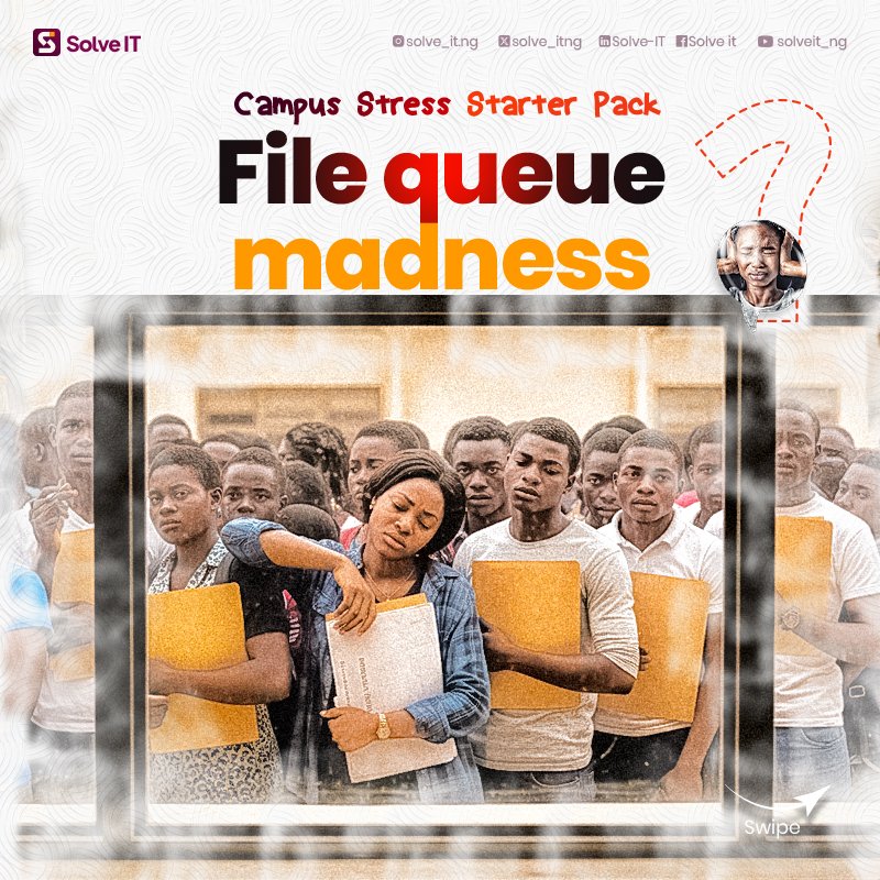 Solve_Itng's tweet photo. 🎓 𝑪𝒂𝒎𝒑𝒖𝒔 𝑺𝒕𝒓𝒆𝒔𝒔 𝑺𝒕𝒂𝒓𝒕𝒆𝒓 𝑷𝒂𝒄𝒌:

No-sign lecture halls

Hostel-hunt wahala

File-queue madness

Meals that never arrive

You don’t have to do this alone. Solve-IT is coming—your campus MVP. 🚀 

#CampusLife #SolveIT https://t.co/u0TpSWvHqk