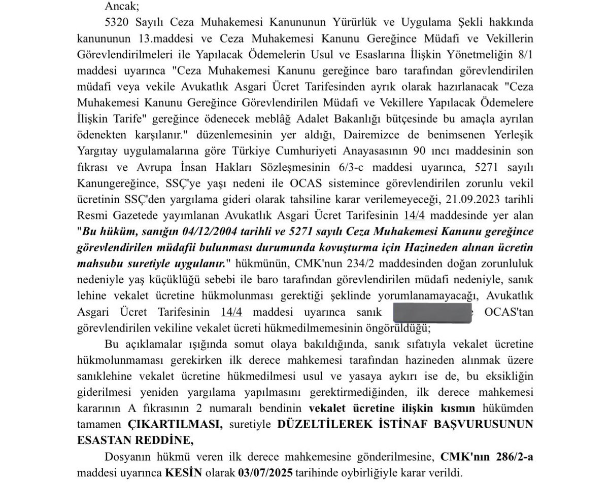 Çoğu yerel mahkeme kararında CMK’dan atanan müdafiye beraat vekalet ücreti hükmedilmediği için istinaf başvurusu yapılırken, yerel mahkemenin hükmetmiş olduğu beraat vekalet ücreti BAM tarafından kaldırıldı. <a href="/AvukatHG/">Avukat Hakları Grubu ⚖️</a>