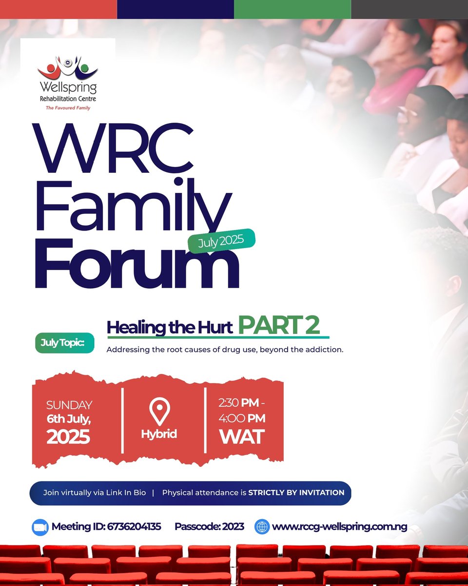 WellspringNG's tweet image. “Healing the Hurt” continues. 

Join us as we go deeper—addressing the root causes of addiction beyond the surface.

📅 Sunday, July 6 | 🕑 2:30 – 4:00 PM

Join via Zoom: Link in bio 

Meeting ID: 6736204135 | Passcode: 2023

#FaithInRecovery #WRCFamilyForum #WellspringHealing