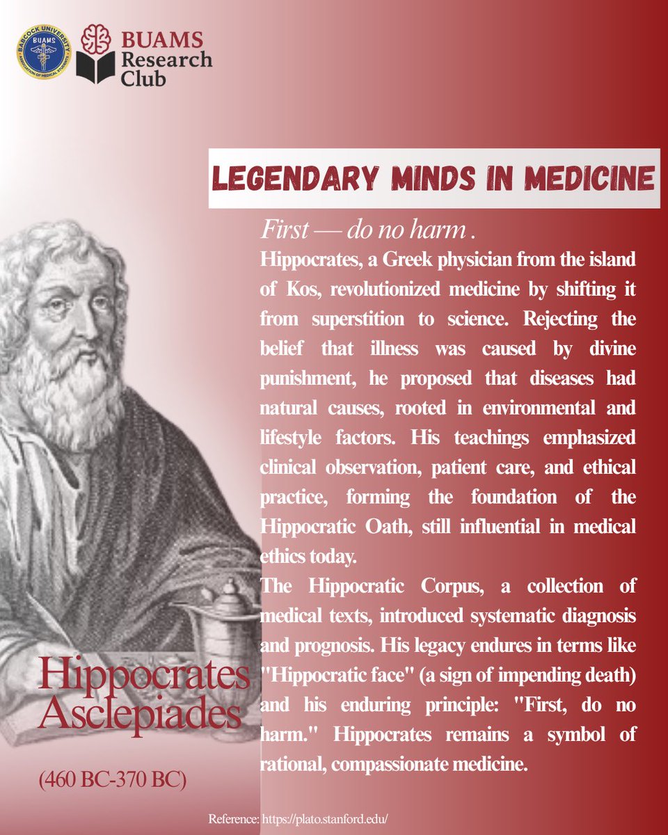 buamsresearch01's tweet photo. It’s Friday! ⏳ Today on Legendary Minds in Medicine: Hippocrates
‘ First, do no harm.’ 🩺⚕️  

The actual OG physician 🤩
He founded modern medicine with ethics, observation &amp; the iconic Oath. https://t.co/dlYqK21Fel