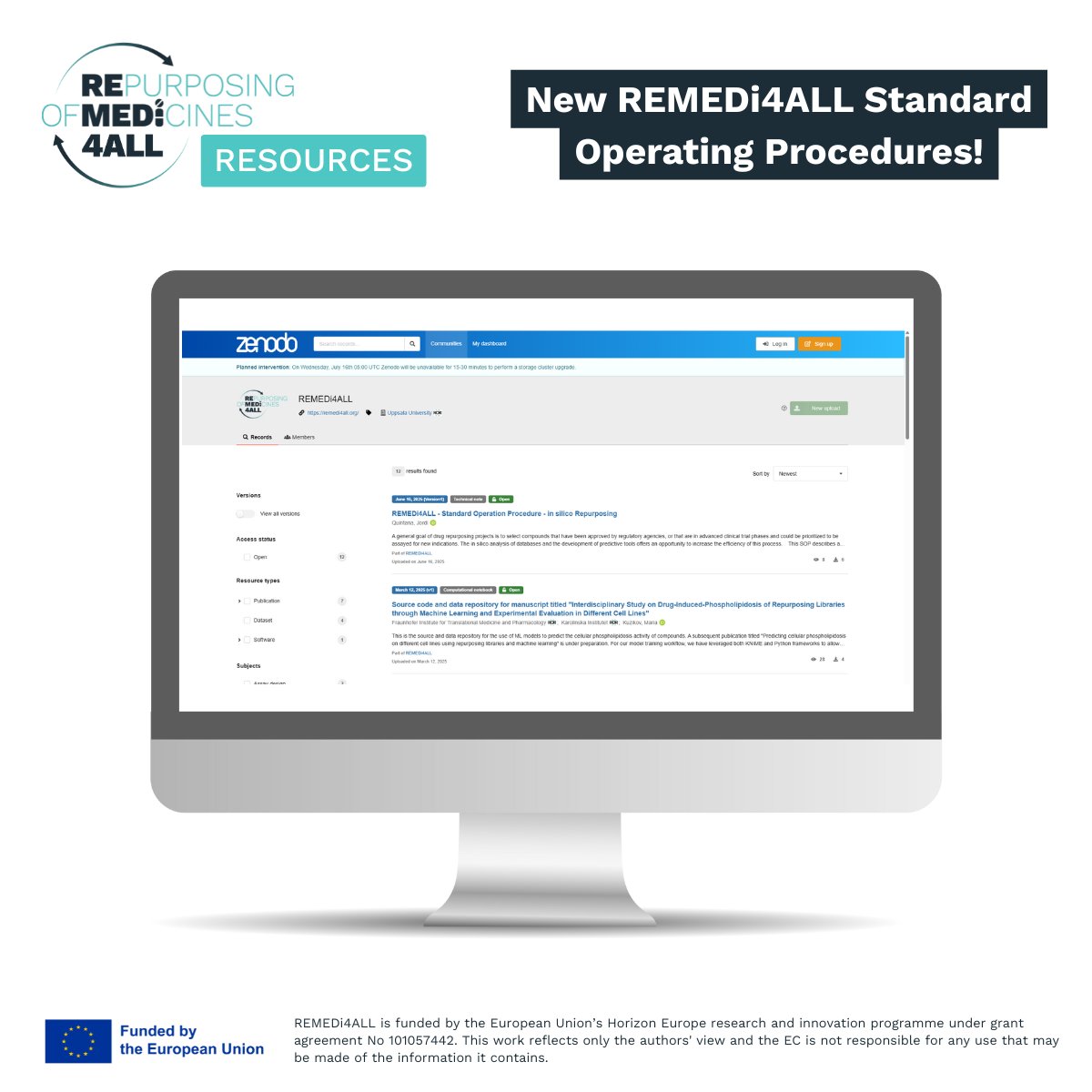 REMEDi4ALL (@remedi4all) on Twitter photo 📢 REMEDi4ALL SOPs now on Zenodo!
Explore our first 12 SOPs supporting best practices in drug repurposing, from in silico workflows to FAIR data & phospholipidosis assays.
🔗 loom.ly/TuB6ihg
#DrugRepurposing #OpenScience #REMEDi4ALL 📢 REMEDi4ALL SOPs now on Zenodo!
Explore our first 12 SOPs supporting best practices in drug repurposing, from in silico workflows to FAIR data & phospholipidosis assays.
🔗 loom.ly/TuB6ihg
#DrugRepurposing #OpenScience #REMEDi4ALL