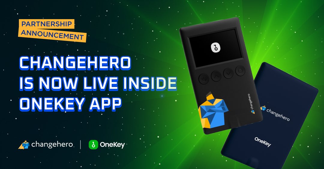 We’re in the wallet.
Literally 🤜🤛

We just teamed up with OneKey — and now you can swap with ChangeHero directly inside the OneKey App!

One click, seamless trades — no extra apps, no extra trust required.

Cold storage, hot swaps 🔥 + ❄️ = ❤️

Follow <a href="/OneKeyHQ/">OneKey</a> and
