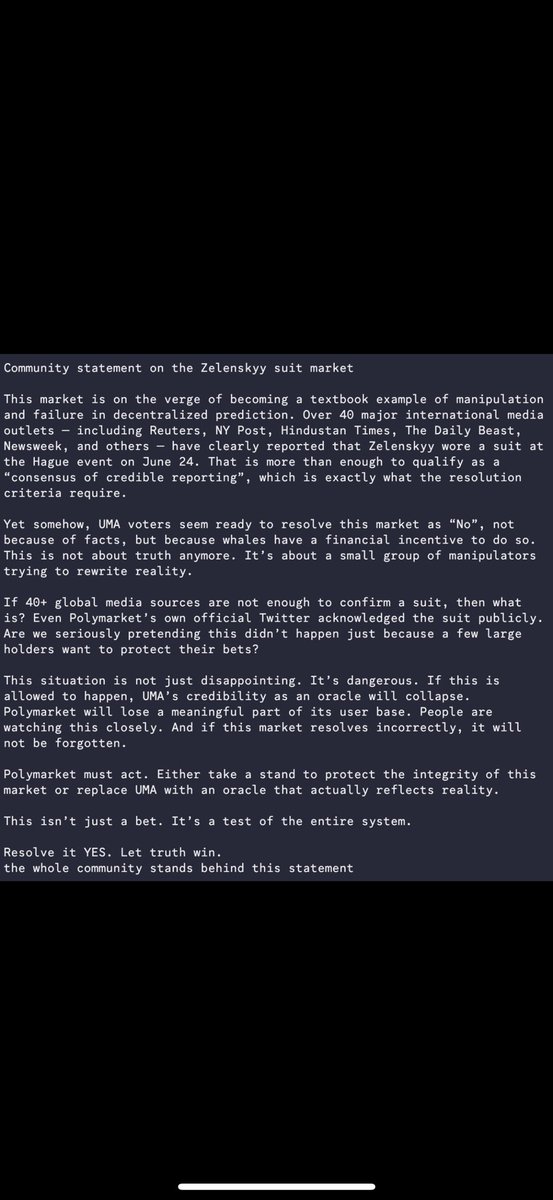 CRYPTO TWITTER NEED YOUR HELP! There’s clear manipulation happening on Polymarket.

A few UMA whales are openly coordinating to rig the “Zelenskyy suit before July” market and Polymarket is doing absolutely nothing about it

They’re not hiding it. They talk publicly about pushing
