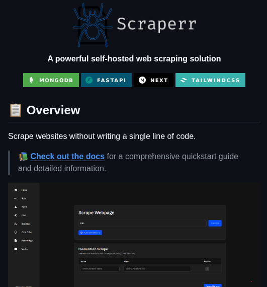 tom_doerr's tweet image. Self-hosted tool for scraping web data and managing jobs