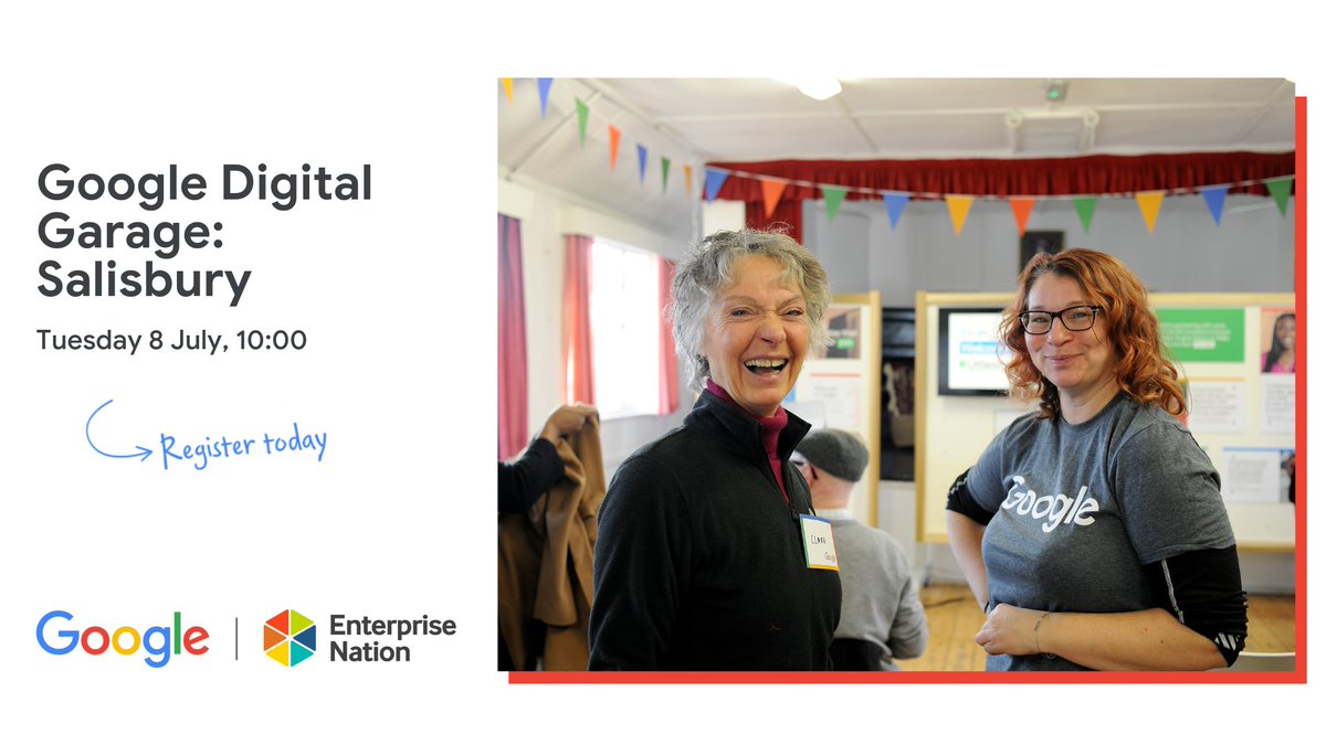 Google is coming to Salisbury!

Join <a href="/e_nation/">Enterprise Nation</a>  in partnership with <a href="/GoogleUK/">Google UK</a>  on Tuesday 8th July for a free training workshop at The Guildhall to help you develop new digital skills🤳

Sign up today 👉 bit.ly/Google-Salisbu…