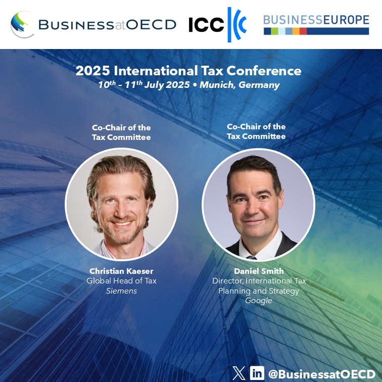 BusinessatOECD's tweet image. 📢 Next week, our Tax Committee Co-Chairs, @Siemens' Christian Kaeser & @Google's Daniel Smith will participate in the #BusinessatOECD-@iccwbo-@BusinessEurope 2025 International Tax Conference.
They will speak in several sessions on the latest developments of Pillar 2 & on US…