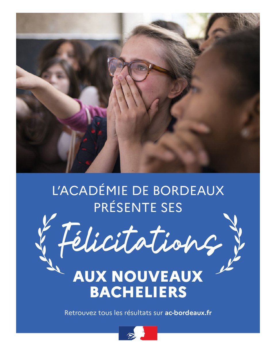 🎓 Félicitations aux 29 391 nouveaux bacheliers de       l’académie de #Bordeaux
Passez maintenant de bonnes vacances !🩴🏖️

Bon courage à tous les candidats du second groupe 💪

✅Retrouvez tous les résultats du baccalauréat sur le site de l’académie de #Bordeaux