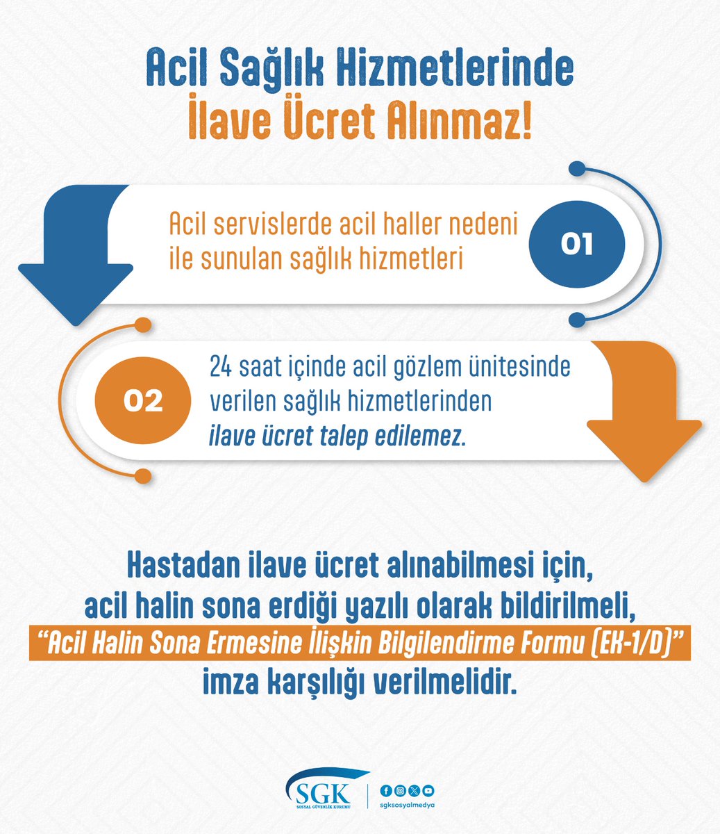 Acil sağlık hizmetlerinde ilave ücret alınmaz!

Hastadan ilave ücret alınabilmesi için, acil halin sona erdiği yazılı olarak bildirilmelidir.