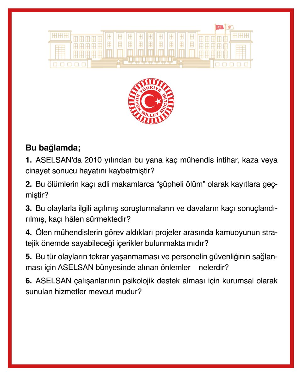 ASELSAN bünyesinde çalışan bazı mühendislerin geçmiş yıllarda şüpheli şekilde hayatlarını kaybetmiş olması, kamuoyunda ve basında ciddi endişelere ve spekülasyonlara yol açmıştır. Konu ile ilgili yazılı soru önergemiz, Konya Milletvekilimiz Ali Yüksel tarafından TBMM’ye