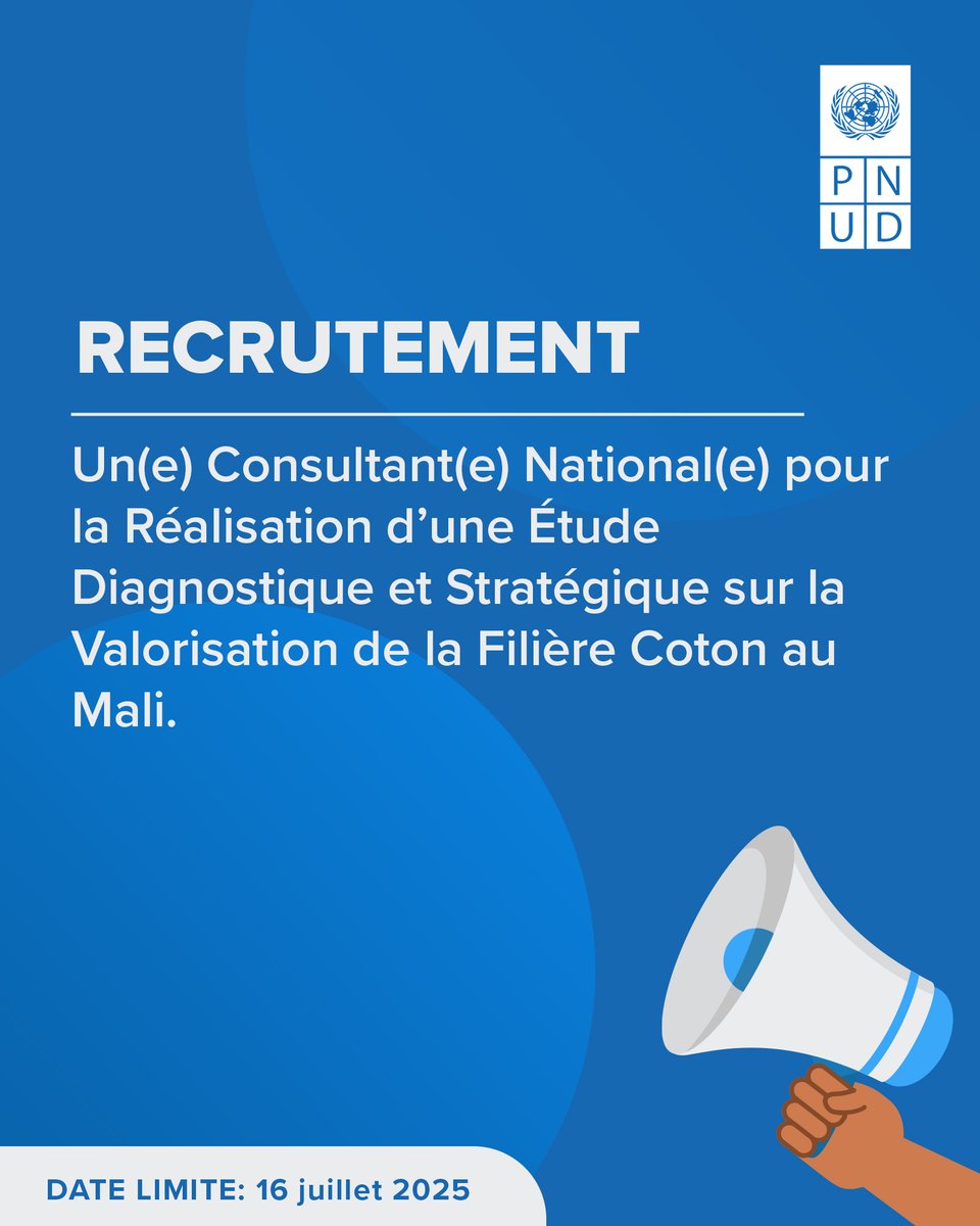 PNUDMALI's tweet image. Le PNUD MALI recrute un(e) Consultant(e) National(e) pour la Réalisation d’une Étude Diagnostique et Stratégique sur la Valorisation de la Filière Coton au Mali.
Lieu 📌: Bamako, Mali
Date limite 📅: 16 juillet 2025
Postulez ici 👉: procurement-notices.undp.org/view_negotiati…