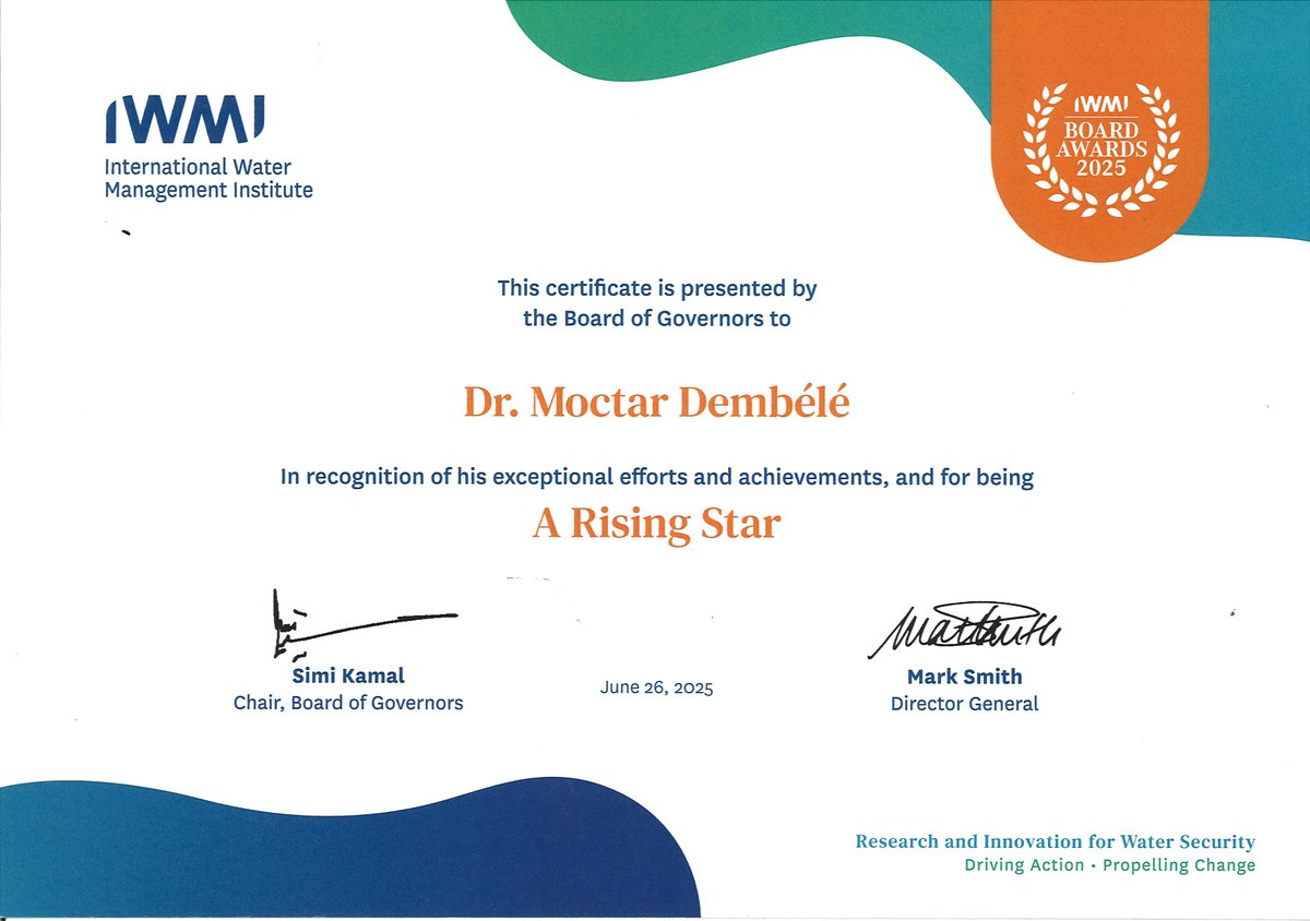 🏆 Honoured to receive the first-ever #RisingStarAward from <a href="/IWMI_/">IWMI</a> Board of Governors!
Grateful for the recognition &amp; inspired by my mentors, colleagues &amp; partners advancing #WaterSecurity.
Let’s keep pushing boundaries! 💧
#WaterWarrior #Science4Solutions
