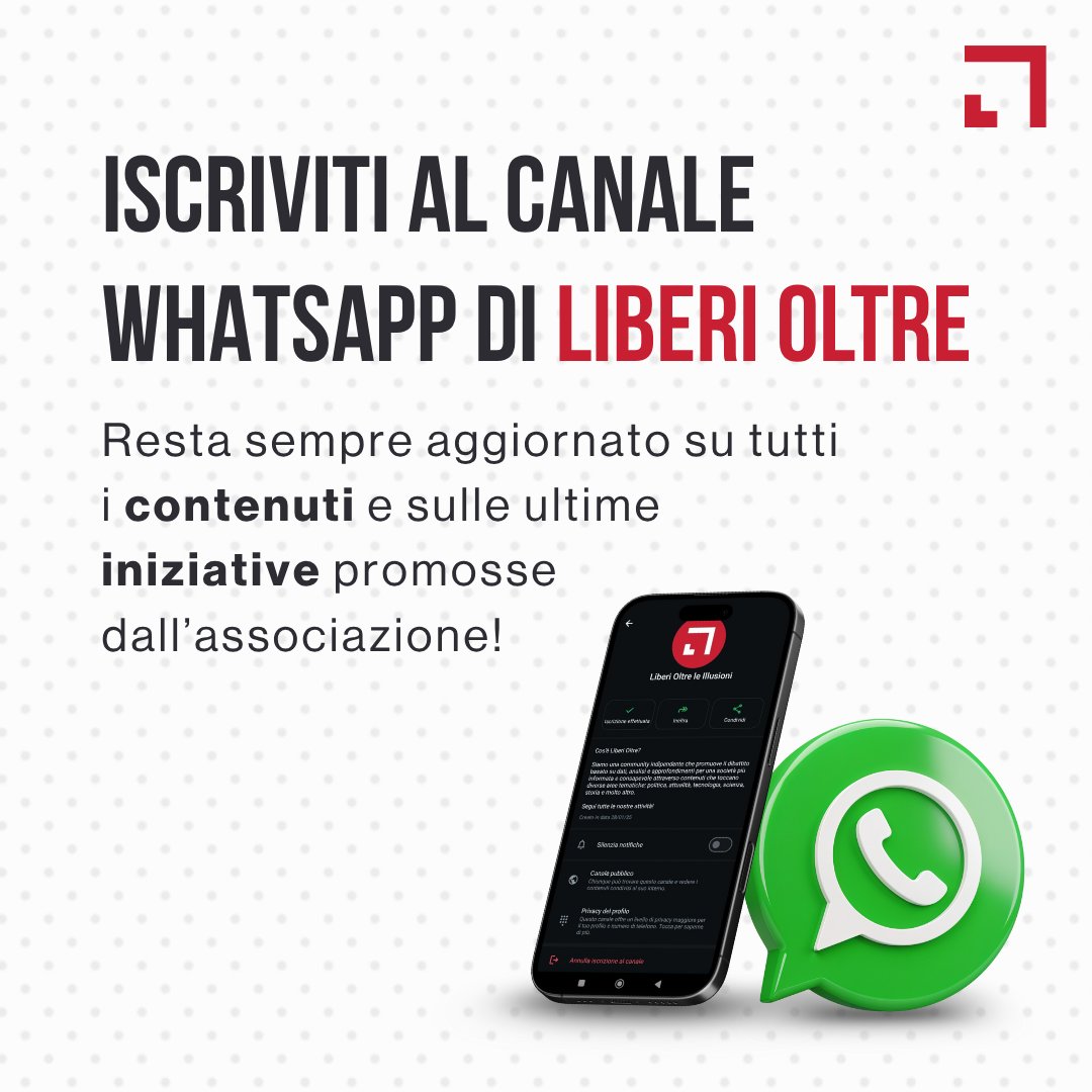📢 Vuoi restare sempre aggiornato su tutti i contenuti e le iniziative promosse da Liberi Oltre le Illusioni?

Iscriviti al canale WhatsApp dell'associazione e attiva la campanella delle notifiche! 🔔

Seguici subito 👉🏻 whatsapp.com/channel/0029Vb…