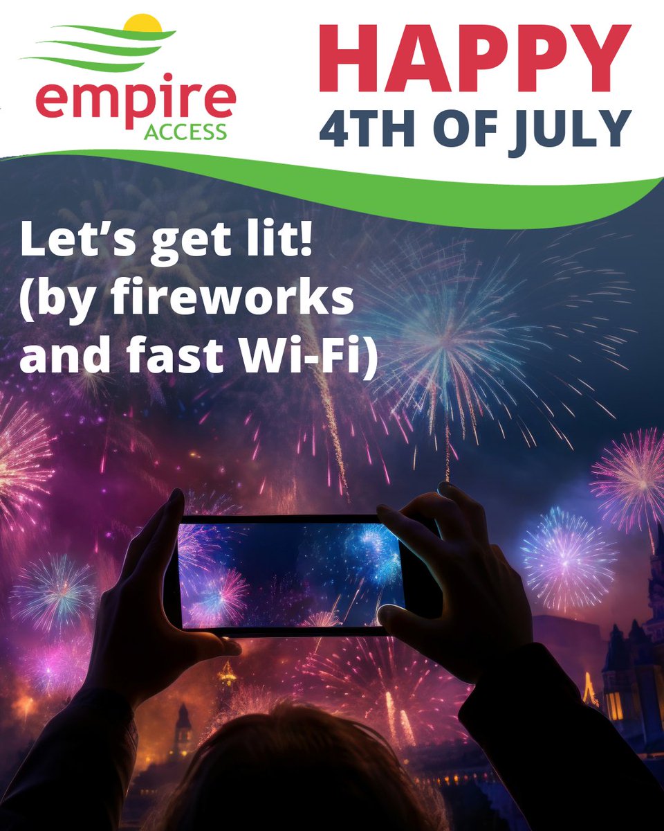EmpireAccess's tweet image. Fireworks in the sky, fiber in the air 🎇📶

Whether you’re streaming the parade or DJing the BBQ playlist — stay lit this 4th of July (the safe kind, of course 😉).
Happy Independence Day from Empire Access!

 #LetsGetLit #FiberFastFun #4thOfJulyVibes #EmpireAccess