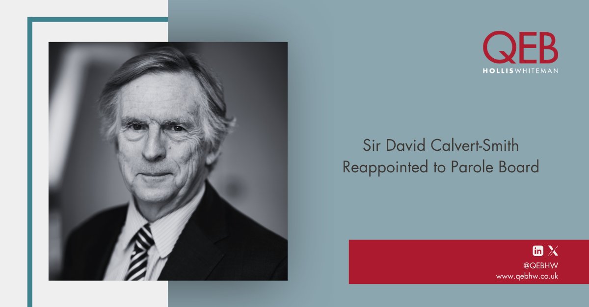 QEBHW's tweet image. QEB Hollis Whiteman acknowledges the reappointment of Sir David Calvert-Smith as a judicial member of the Parole Board for England and Wales. His next term will run from 1 July 2025 to 30 June 2027.
Read more here: qebholliswhiteman.co.uk/site/library/n…