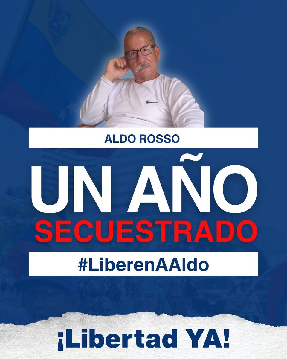 Hoy nuestro hermano Aldo Rosso cumple un año secuestrado por la dictadura de Nicolás Maduro. Un año de injusticia, de dolor para sus hijos, nietos y para quienes lo queremos. 

Aldo siempre ha debido estar libre porque no ha cometido ningún delito. Además de eso, su delicado