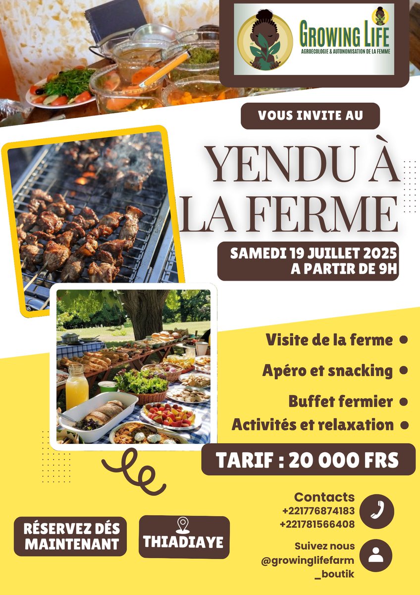 GrowingLifeshop's tweet photo. Marre de la ville ? Viens kiffer un samedi chill à la ferme 🔥🌿
Le 19 juillet à Thiadiaye → visite, apéro, buffet, détente & ambiance ✨
🔖 Tarif : 20.000F
📍Réserve au +221776874183
#YenduALaFerme #ChillAndGrill #SamaVacances #TeamSnacks #SummerMood https://t.co/cVXqwsXsv4