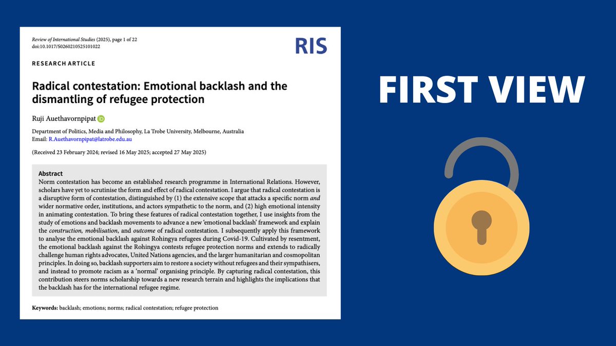 🚨New First View Article🚨

"Radical contestation: Emotional backlash and the dismantling of refugee protection" by Ruji Auethavornpipat is now available #OpenAccess! 

Check it out here 📄 ➡️buff.ly/QinmYkM