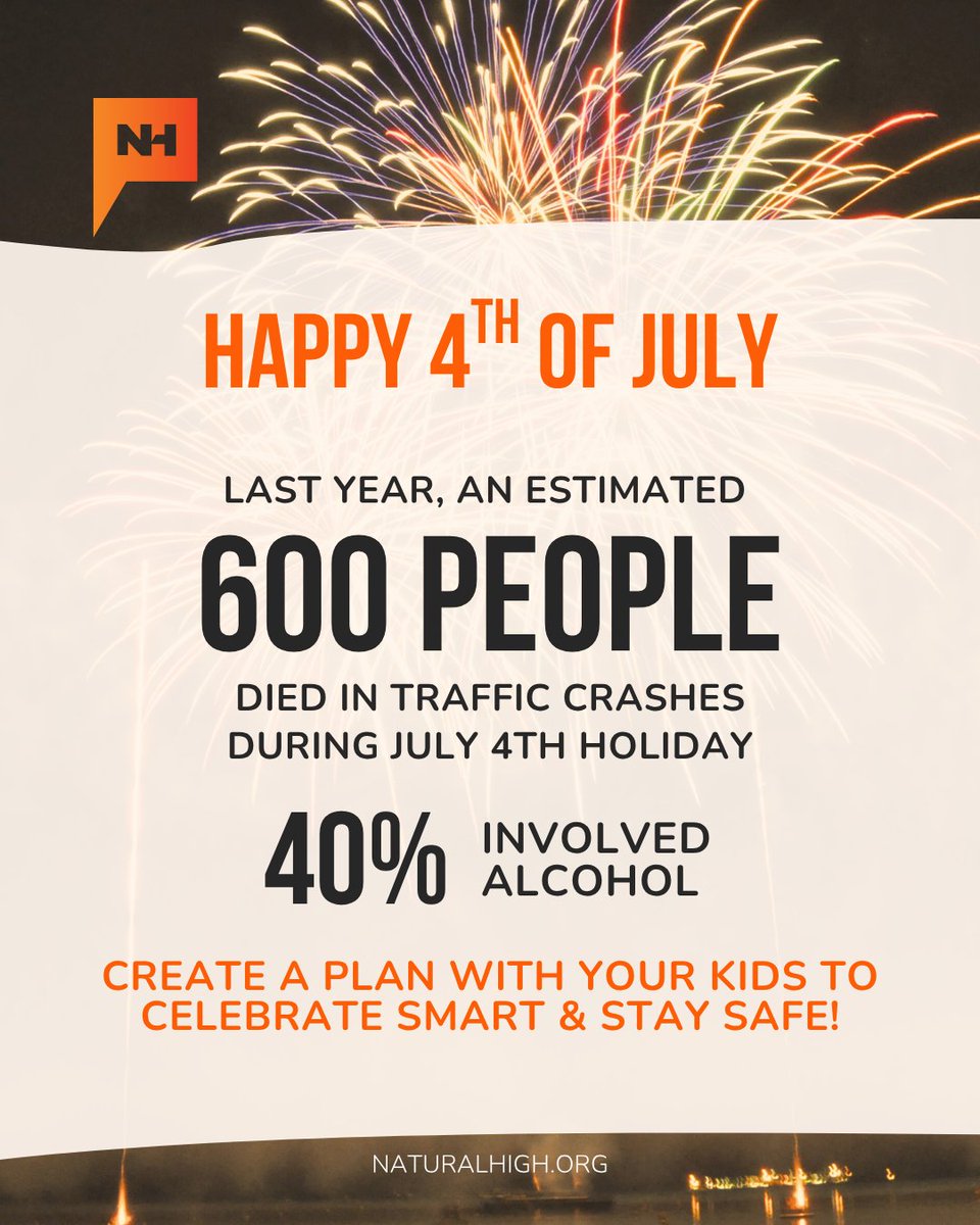 NaturalHigh's tweet image. The 4th of July is a time for family, fun, and celebration, but it’s also one of the most dangerous holidays on the roads.
Your conversations make a difference. Let’s help our kids stay safe this holiday.
#Safe4th #ParentingForPrevention #NaturalHigh #LiveDrugFree