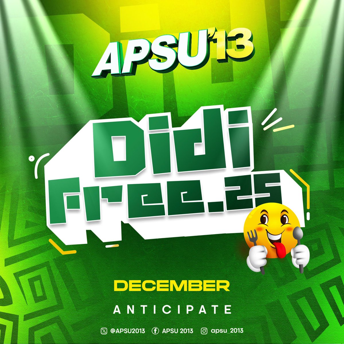 APSU ’13 presents DidiFree 25’, our iconic end-of-year celebration returns this December with more fire, more flavor, and unforgettable memories! Expect thrills, banter, games, and yes… free food with a side of jama🔥.

We dey come enter the Y ne mu!!!🔥🔥🔥

#DidiFree25 (1/2)