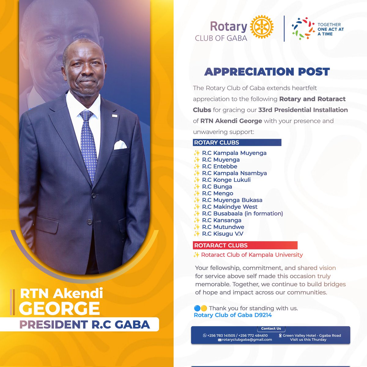🎉 A heartfelt THANK YOU to all the amazing Rotary &amp; Rotaract Clubs who joined us for our 33rd Presidential Installation of RTN Akendi George! 💙

Your presence lit up the evening and reminded us of the power of fellowship and service above self. 🌍🤝

#ServiceAboveSelf