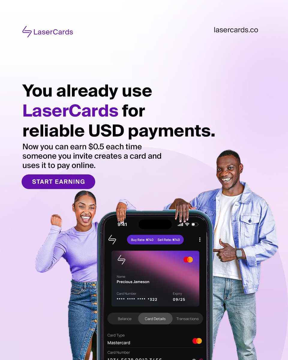 lasercardsco's tweet image. Earn passive income with LaserCards🎉
Here’s how:
1. Share your referral link
2. Your friend signs up and creates a card
3. They use it to make any payment, you earn instantly.
There’s no limit to how much you can earn so visit lasercards.co to start today. 🥳